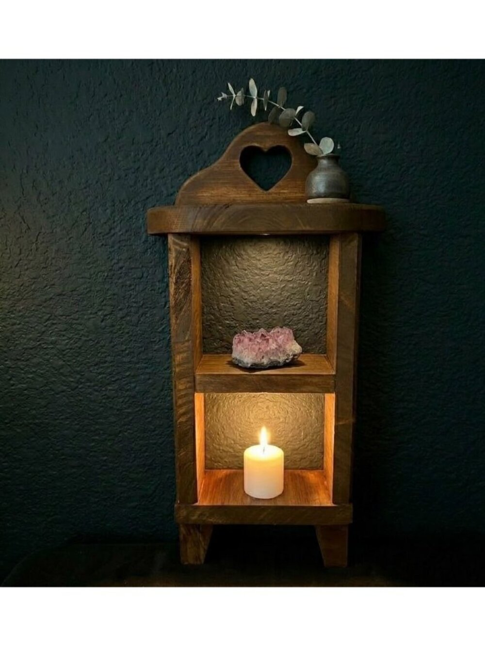 Mini Wood Heart Shelf | Rustic Altar Shelf | Crystal Display Shelf Dark Cottage